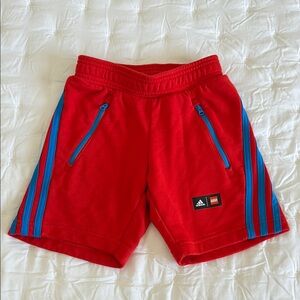 Adidas Boys Red LEGO Shorts with Blue Stripes - size XS